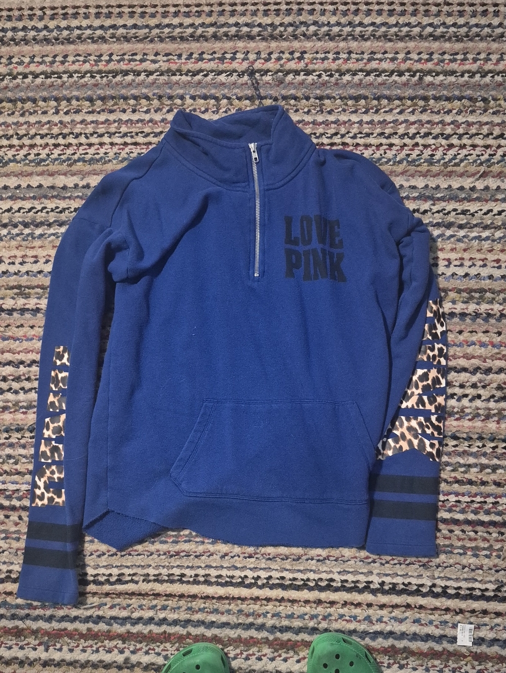 PINK Victoria's Secret Royal Blue Half-Zip Pullover with Leopard Sleeve Accents